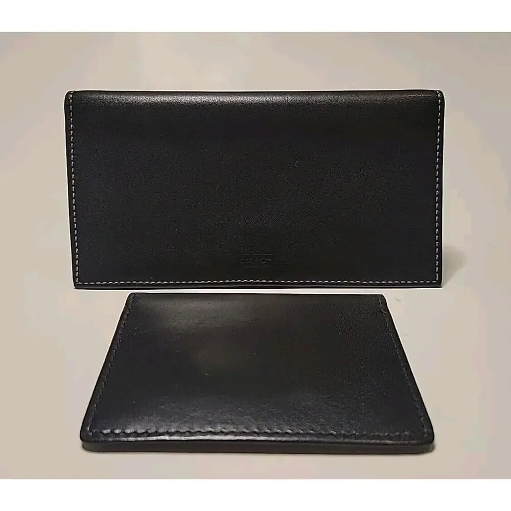 COACH Black Leather Checkbook Holder Wallet Card Case Long Bifold Set